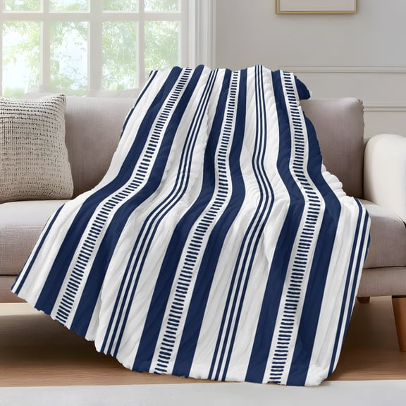 Navy Blue Striped Throw Blanket for Couch Modern Farmhouse Stripes Rustic Geometric Soft and Warm Flannel 3D Striped Fluffy Fuzzy Fleece Blanket Lightweight Throw for Bed, Sofa 30 x 40 Inches