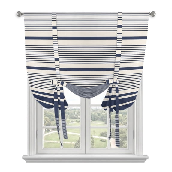 Navy Blue Striped Tie Up Curtains 45 Inches Long, Kitchen Window Curtains Over Sink, Farmhouse Pastel Stripes Minimalist Small Window Curtains Shade Balloon Curtains Valances for Bedroom/Cafe 34"x45"