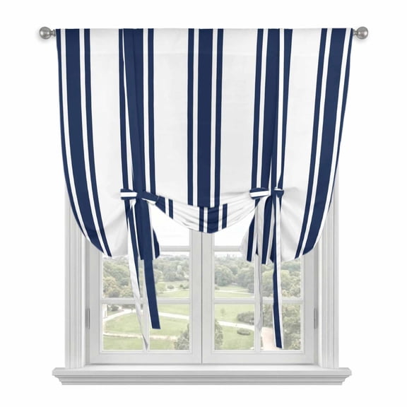 Navy Blue Striped Tie Up Curtains for Small Windows,Adjustable Rod Pocket Valance 45 Inch Short, Farmhouse Aesthetic Modern Stripes Window Treatment Balloon Roman Blind Shade, 34" x 45"