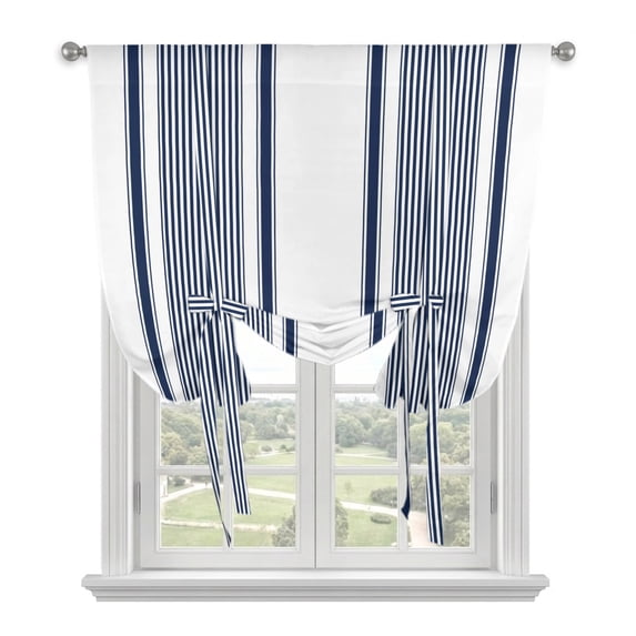 Navy Blue Striped Tie Up Curtains for Small Windows,Adjustable Rod Pocket Valance 45 Inch Short, Farmhouse Thin Vertical Stripes Modern Window Treatment Balloon Roman Blind Shade, 34" x 45"