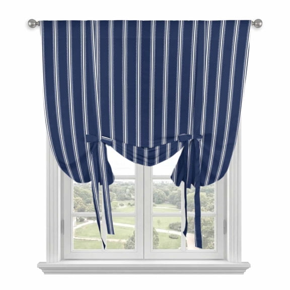 Navy Blue Striped Tie Up Curtains for Small Windows,Adjustable Rod Pocket Valance 45 Inch Short, Navy Blue White Farmhouse Stripes Window Treatment Balloon Roman Blind Shade, 34" x 45"