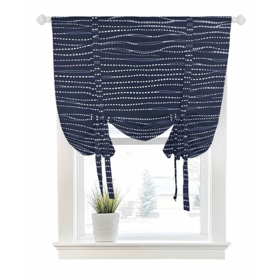 Navy Blue Striped Tie Up Curtains for Window, Thermal Insulated Balloon Shade Adjustable Rod Pocket Curtains Valance Panels for Kitchen Bathroom Cafe 42 x 54 Modern Moire Farmhouse Stripe