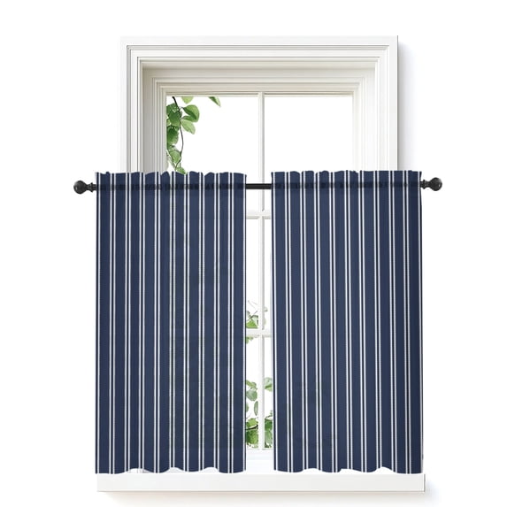 Navy Blue Striped Tier Curtains 45 Inch Length,Sheer Curtains for Bedroom Living Room Window Farmhouse Modern Striped Minimalist Short Kitchen Curtains Drapes for Small Half Window 27.5"x45" 2 Panels