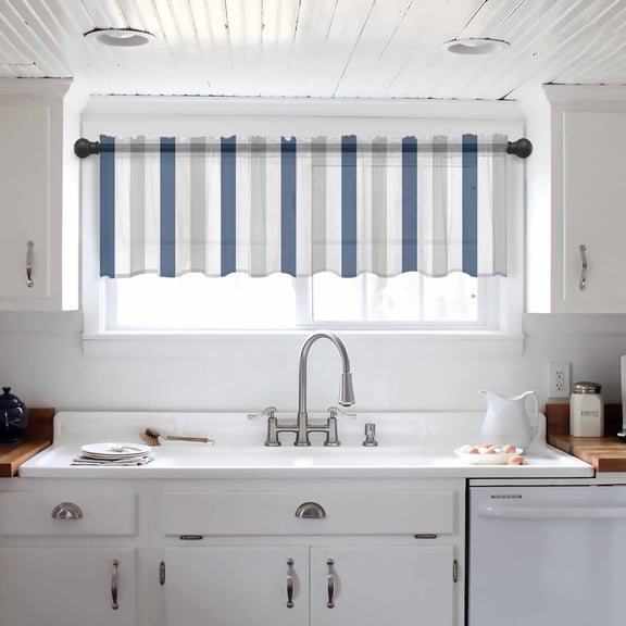 Navy Blue Striped Valance Curtains for Kitchen/Living Room/Bathroom/Bedroom Window, Geometric Grey White Vertical Stripes Rod Pocket Small Topper Half Short Window Curtains Voile Sheer Scarf 54"x18"