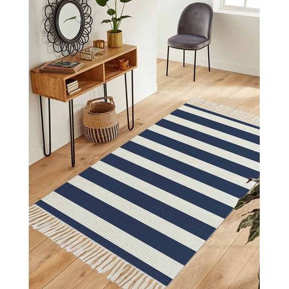 Navy Blue Striped Washable Area Rug 3'x5', Modern Farmhouse Blue White Stripes Woven Cotton Tassels Kitchen Rugs, Non Slip Indoor Door Mat Throw Carpet for Entryway Living Room Nursery Laundry Room