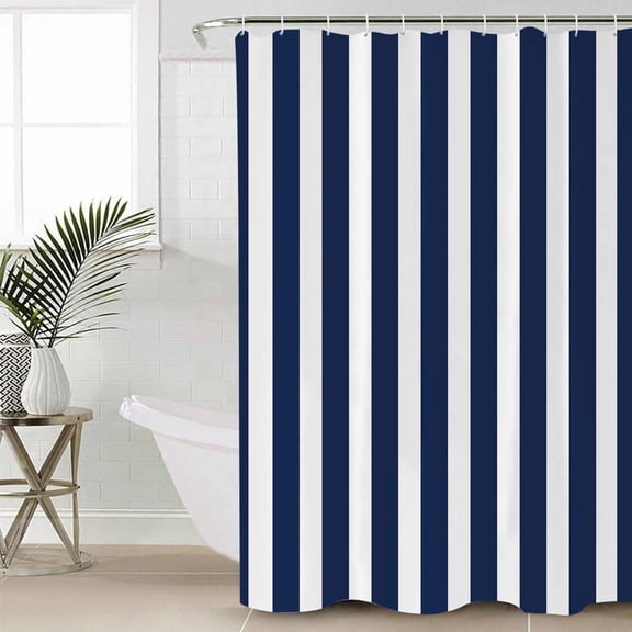 Navy Blue Striped Waterproof Fabric Shower Curtain, Modern Farmhouse Blue White Stripes Shower Curtain for Bathroom Curtains Bathtubs Hotel Washable Shower Curtains with 12 Hooks Small 36x72in