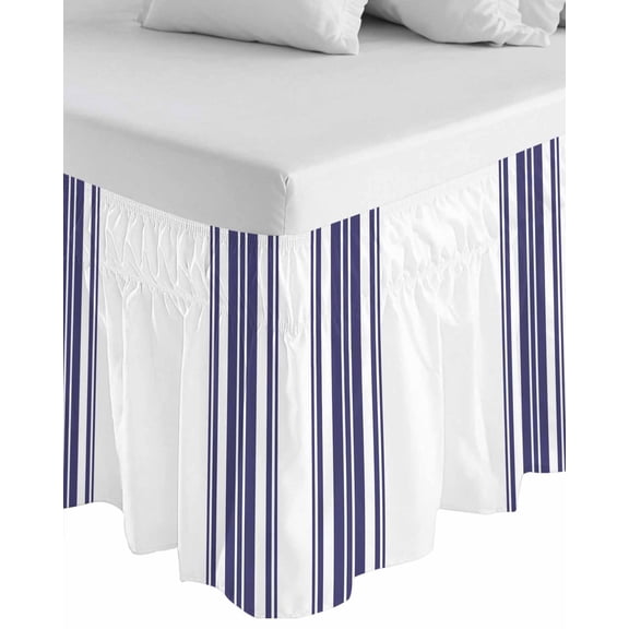 Navy Blue Striped Wrap Around Bed Skirts for California King Bed 16" Drop,Bed Skirt with Adjustable Elastic Belt Dust Ruffle Bed Valance Modern White Striped Abstract Art Aesthetics Bed Frame Cover