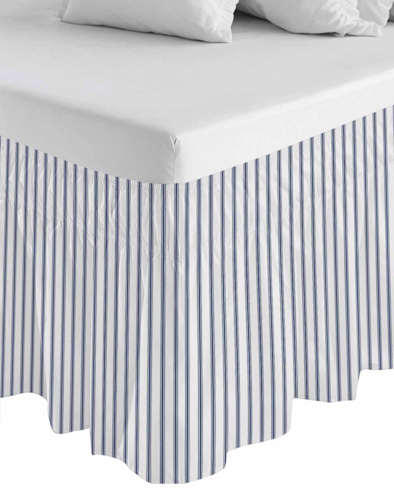 Navy Blue Striped Wrap Around Bed Skirts for Queen Bed 16" Drop,Bed Skirt with Adjustable Elastic Belt Dust Ruffle Bed Valance for Bedroom Hotel Navy Blue White Stripes Farmhouse Bed Frame Cover