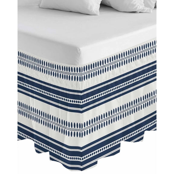 Navy Blue Striped Wrap Around Bed Skirts for Queen Bed 18" Drop, Bed Skirt with Adjustable Elastic Belt Dust Ruffle Bed Valance for Bedroom Hotel Luxury Farmhouse Geometric Stripe Bed Frame Cover