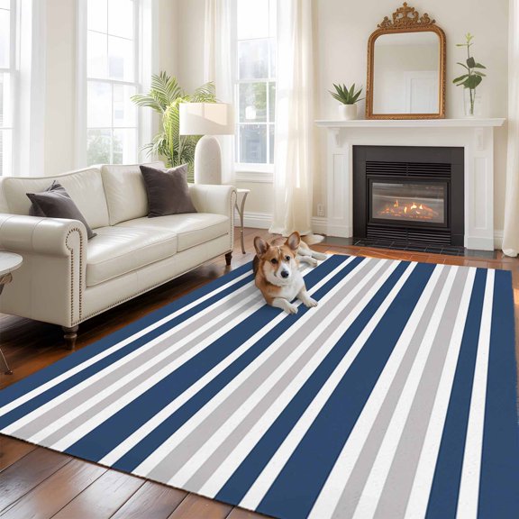 Navy Blue Stripes Area Rug 5x7 FT, Non Slip Bedroom Throw Carpet, Modern Minimalist Horizontal Ombre Lines Washable Soft Floor Carpet Non-Shedding Rug for Dining Room Bedside Classroom Desk