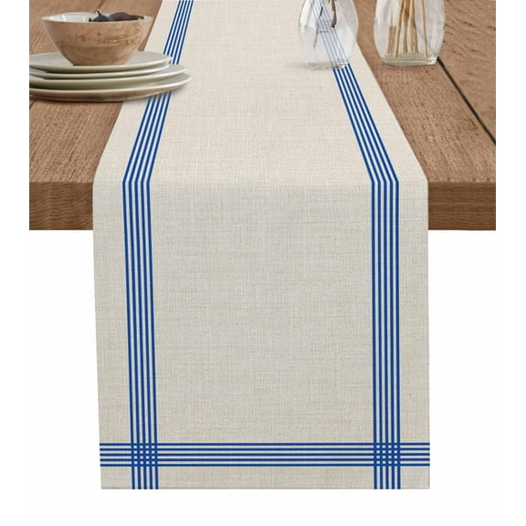 Navy Blue Stripes Burlap Cotton Table Runner 18x72 Inches Long, Beige Country Modern Simple Striped Farmhouse Table Runners, Outdoor Dining Tablecloths Decor for Baby Shower/Party/Wedding