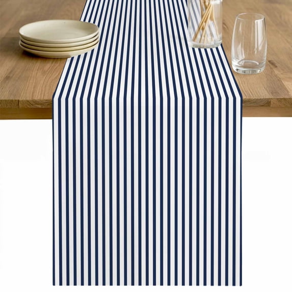 Navy Blue Stripes Cotton Linen Rectangle Table Runners 13"x70", Modern Farmhouse Striped Simple Classic Coffee Table Runner Dresser Scarves Luxury Table Runners for Wedding Party Banquet Dinner Decor