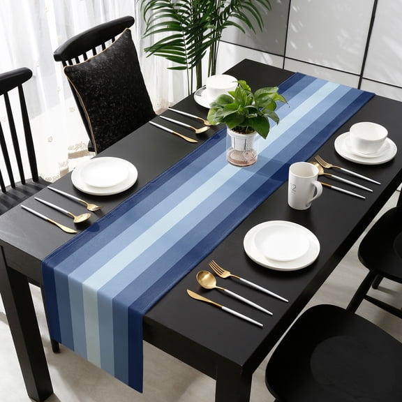 Navy Blue Stripes, Cotton Linen Table Runner 13 x 90 inch Gradient Modern Minimalist Geometric Non-slip Rectangular Dining Table Decor for Wedding Party Holiday Dinner