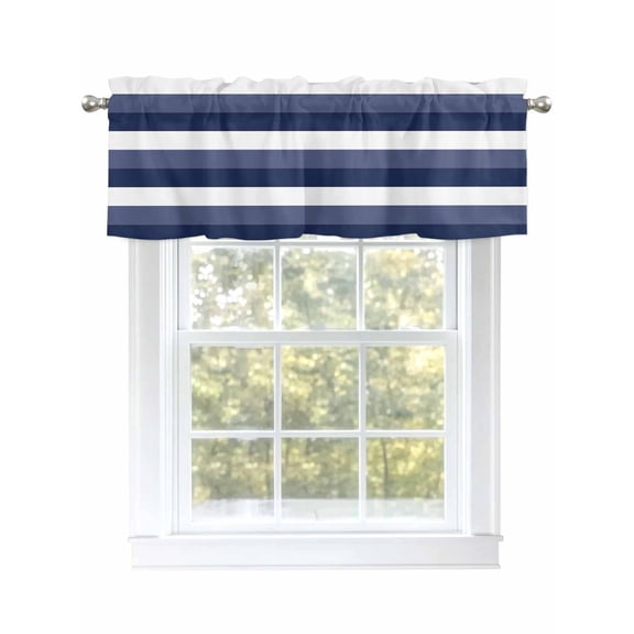 Navy Blue Stripes Curtain Valances for Windows, Geometric Pattern Window Valances, Window Treatment Rod Pocket Valance Curtains for Living Room/Kitchen/Bedroom/Bathroom, 54x18inch