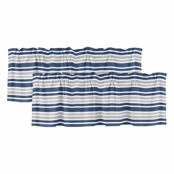 Navy Blue Stripes Curtain Valances for Windows, Kitchen Valance Window Treatments Panel 2 Pack, Modern Minimalist Horizontal Ombre Lines Rod Pocket Short Curtains for Bathroom Bedroom 42 x 18 Inch