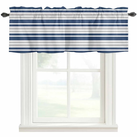 Navy Blue Stripes Farmhouse Short Window Curtain Valances, Modern Minimalist Horizontal Ombre Lines Rod Pocket Kitchen Valances for Living Room Bedroom Bathroom Cafe 42" x 18"