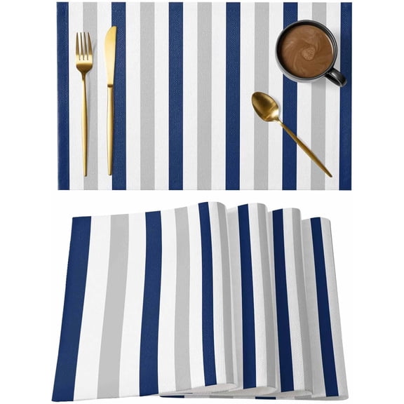 Navy Blue Stripes Gray Line Placemats Set of 6 Washable Table Mats for Holiday/Wedding Party, Indoor Outdoor Place Mats Geometric Minimalist Style Kitchen Dining Tabletop Decoration Placemat, 12x18IN