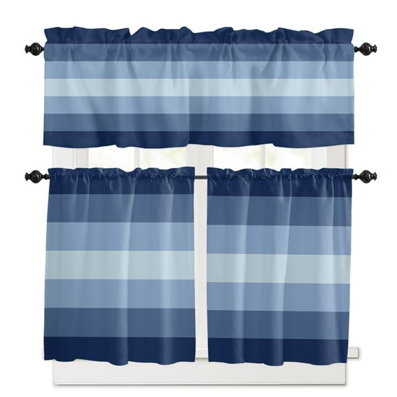 Navy Blue Stripes Kitchen Curtain Set, Gradient Modern Minimalist Geometric Window Valance and Tiers 24" Length, Light Filtering Short Curtains Valance for Cafe Bathroom Bedroom 54"x18"