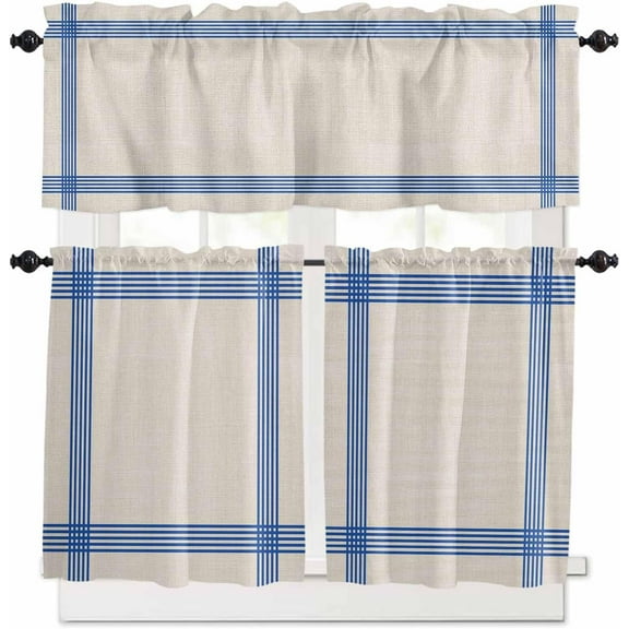 Navy Blue Stripes Kitchen Curtains, Beige Country Modern Simple Striped 3-Piece Kitchen Curtain Valance and Tiers Set 36 Inch Length, Rod Pocket Half Window Curtains for Cafe Living Room Bathroom