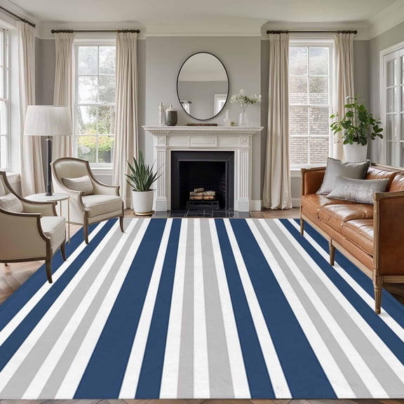 Navy Blue Stripes Large Area Rug 8x10 FT, Non Slip Living Room Throw Carpet, Modern Minimalist Horizontal Ombre Lines Washable Soft Indoor Outdoor Carpet Non-Shedding Rug for Bedroom Dining Room