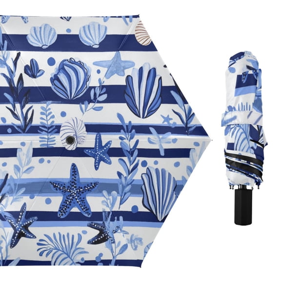 Navy Blue Stripes Leaves Starfishes Shells All Weather Umbrella Triple Folding Parasol 6 Ribs UV Protection Portable