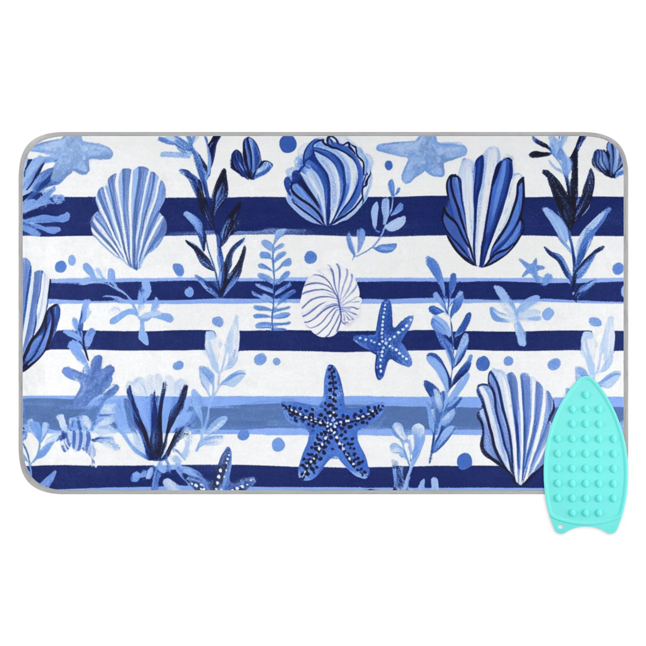 Navy Blue Stripes Leaves Starfishes Shells Ironing Mat Blanket Portable Travel Ironing Pad Heat Resistant Pad 47.2" x 27.6”