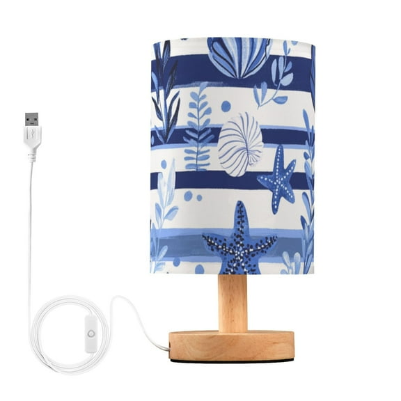 Navy Blue Stripes Leaves Starfishes Shells Table Lamp with USB Port LED Warm Light Lamp Night Light Home Decor