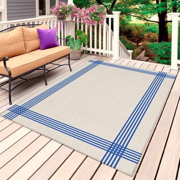 Navy Blue Stripes Outdoor Rug for Patio/Deck/Porch, Non-Slip Large Area Rug 4 x 6 Ft, Beige Country Modern Simple Striped Indoor Outdoor Rugs Washable Area Rugs, Reversible Camping Rug Carpet Runner