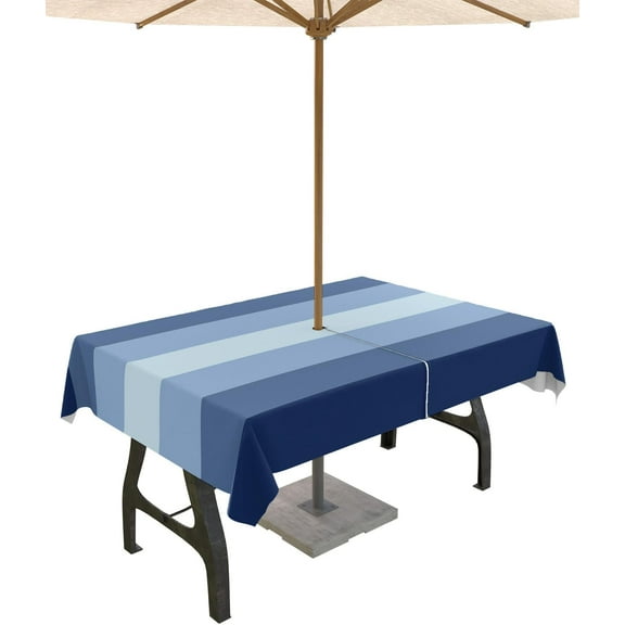 Navy Blue Stripes Outdoor Tablecloths with Umbrella Hole and Zipper, Waterproof/Stain Resistant Rectangle Table Cloth 60x84 Patio Table Cover for Picnic/Party Gradient Modern Minimalist Geometric