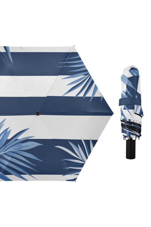 Navy Blue Stripes Palm Tree Leaves All Weather Umbrella Triple Folding Parasol 6 Ribs UV Protection Portable