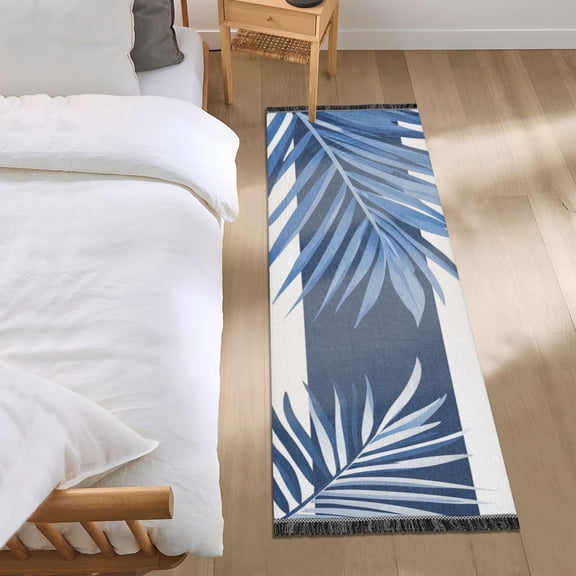 Navy Blue Stripes Palm Tree Leaves Bedside Runner Rug 2'x 6' Non Slip Carpet Floor Mat Area Rug