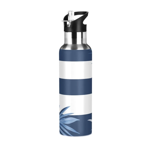 Navy Blue Stripes Palm Tree Leaves Sports Bottle with Straw Stainless Steel Water Jug Portable Thermal Cup Leak-proof 1000ML