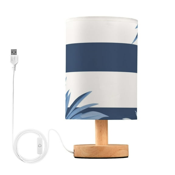 Navy Blue Stripes Palm Tree Leaves Table Lamp with USB Port LED Warm Light Lamp Night Light Home Decor