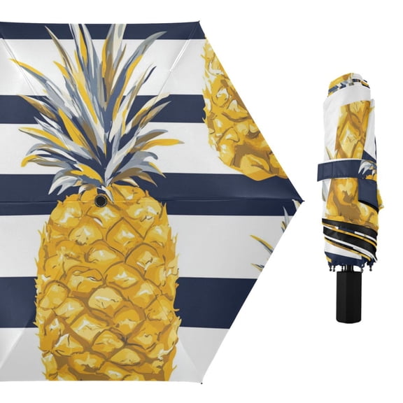 Navy Blue Stripes Pineapples Cute All Weather Umbrella Triple Folding Parasol 6 Ribs UV Protection Portable