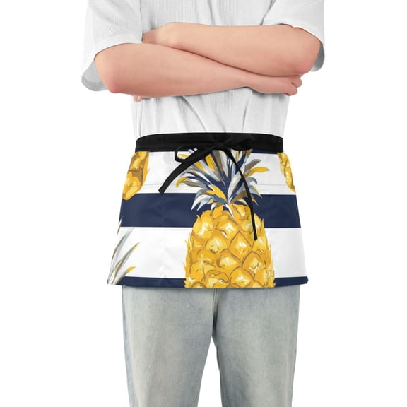Navy Blue Stripes Pineapples Cute Short Server Apron with 3 Pockets for Unisex Chef Gardening