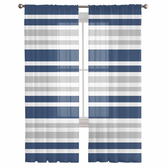 Navy Blue Stripes Semi Sheer Curtains 108 Inch Length 2 Panels Set,Modern Minimalist Horizontal Ombre Lines Sheer Kitchen Curtain Voile Window Curtain for Living Room Bedroom Rod Pocket Drapes