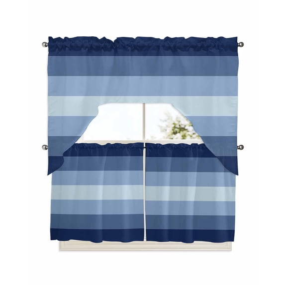 Navy Blue Stripes, Swag Valance and Tier Curtains 24'' Length Set, Gradient Modern Minimalist Geometric Light Filtering Kitchen Curtains, Tier Curtain Valances for Bathroom/Living Room/Bedroom/Café
