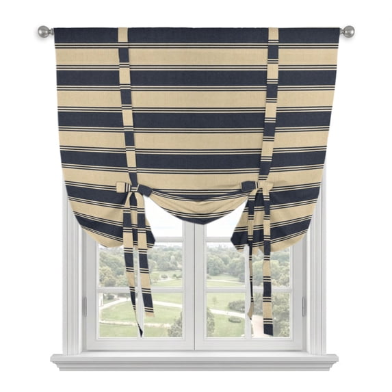 Navy Blue Stripes Tie Up Curtains for Windows, Adjustable Balloon Window Shades, Modern Striped Cream Kitchen Window Treatments Farmhouse Short Curtains with Rod Pocket 42"x45"