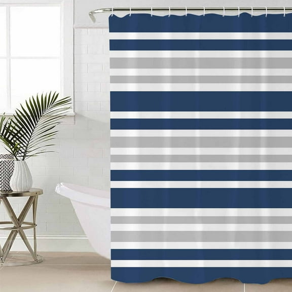 Navy Blue Stripes Waterproof Fabric Shower Curtain, Modern Minimalist Horizontal Ombre Lines Shower Curtain for Bathroom Curtains Bathtubs Hotel Washable Shower Curtains with 12 Hooks Stall 54x78in