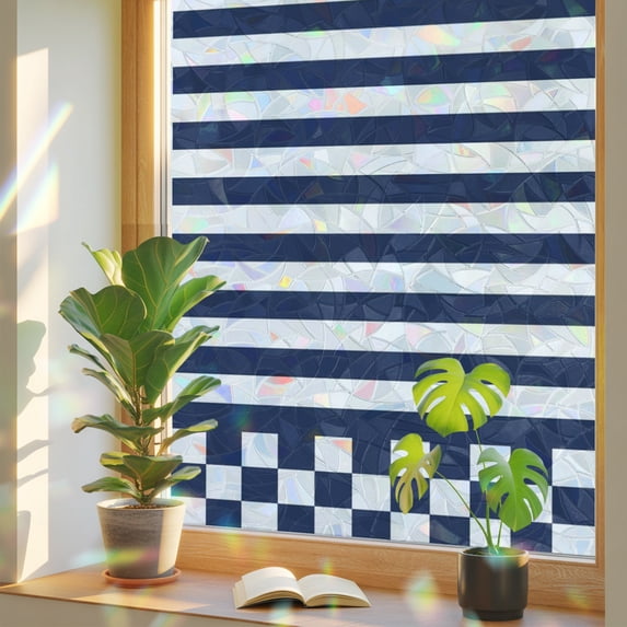 Navy Blue Stripes Window Privacy Film Rainbow Static Cling Stain Glass ...
