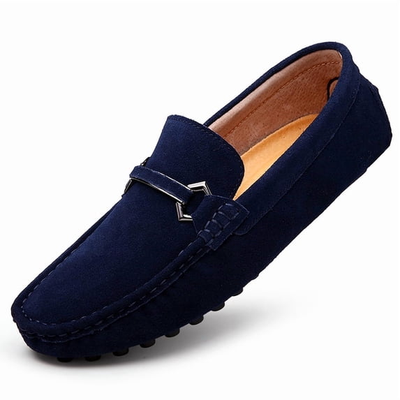 Navy Blue Suede Metal Buckle Slip-On Driving Loafers for Men