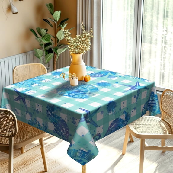 Navy Blue Summer Beach Theme Square Tablecloth 52 Inch Watercolor Ocean Coastal Seashell Seahorse Table Cloth Farmhouse Nautical Table Cover Outdoor Tablecloth for Kitchen Dining Party