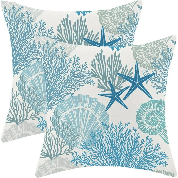 Navy Blue Summer Outdoor Coastal Pillow Covers 16x16 Inch Set of 2 Aqua Teal Seashell Starfish Coral Throw Pillows Ocean Themed Beach Nautical Decorative Cushion Cases for Couch Decorations