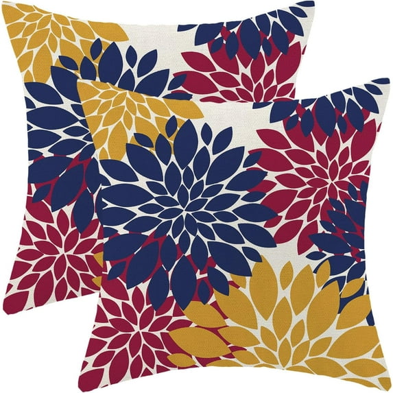 Navy Blue Summer Outdoor Pillow Covers 18x18 Inch Set of 2 Mustard Yellow Burgundy Red Dahlia Floral Decor Throw Pillows Modern Geometry Flower Decorative Cushion Cases for Couch Decorations
