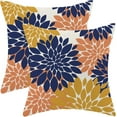 thumbnail image 1 of Navy Blue Summer Outdoor Pillow Covers 18x18 Inch Set of 2 Mustard Yellow Coral Dahlia Floral Decor Throw Pillows Modern Geometry Flower Decorative Cushion Cases for Sofa Couch Bed Decorations, 1 of 6