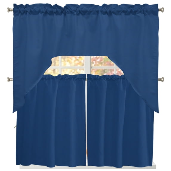 Navy Blue Swag Kitchen Curtains Sets for Windows 24 Inch Length, Modern Rustic Deep Blue Solid Cover Short Window Curtain Panels Swags Valances and Tiers 3 Piece Set for Cafe/Dining Room
