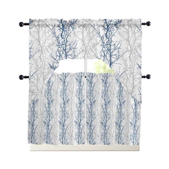 Navy Blue Swag and Tier Curtains Set Grey Tree Branch Kitchen Valances with Tier Curtains 36 In Long, Light Filtering Curtains for Sink Laundry Bathroom
