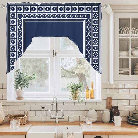 Navy Blue Swag Valance for Windows, Boho Diamond Pattern Border Rustic Southwestern Swag Curtains Valances for Small Window Treatment Rod Pocket for Kitchen Bathroom 1 Panel 56x36in