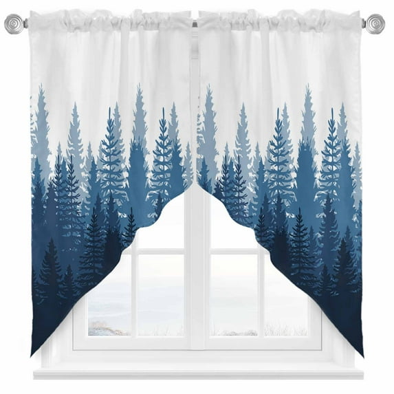 Navy Blue Swag Valances for Windows 2 Pack Forest Nature Woodland Tree Misty Forest Silhouette Landscape Swag Kitchen Curtains 36 Inches Long Short Window Drapes for Kitchen Bathroom 36"x36"
