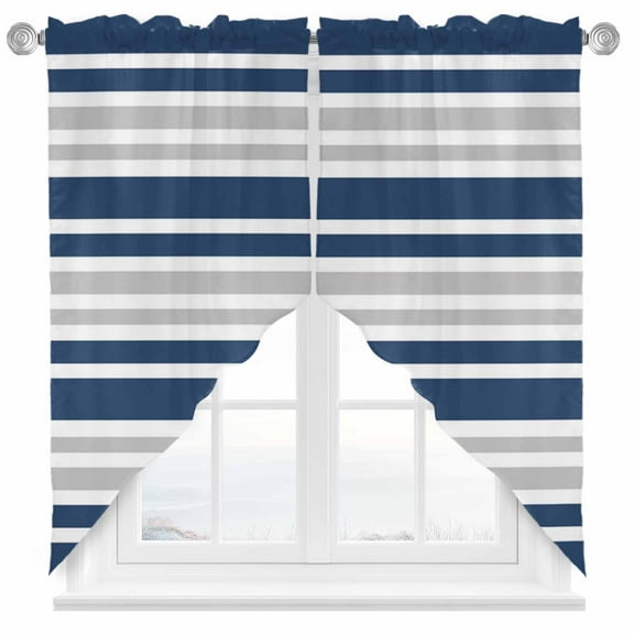 Navy Blue Swag Valances for Windows 2 Pack and Gray Stripe Contrast Minimalist Modern Art Swag Kitchen Curtains 45 Inches Long Rod Pocket Short Window Treatment for Kitchen Bathroom 36"x45"